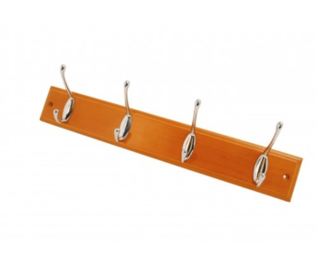 4 Chrome Hooks On Teak Effect Wooden Mount 4 Chrome Hooks On Teak Effect Wooden Mount
