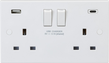 2 Gang Switched Socket c/w Dual USB Charger Type A & C 2 Gang Switched Socket c/w Dual USB Charger Type A & C